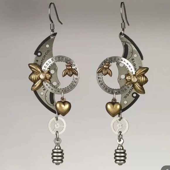 Steampu Mechanical Gear Bee Design Dangle Earrings Retro Punk Style Silver Plate - Picture 1 of 6
